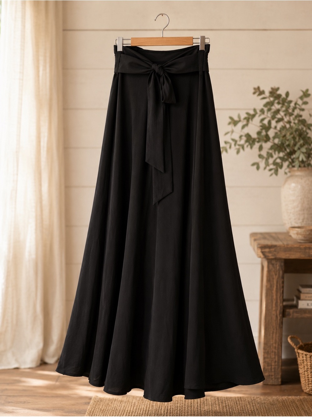 Flowing Black Maxi Skirt with Waist Tie